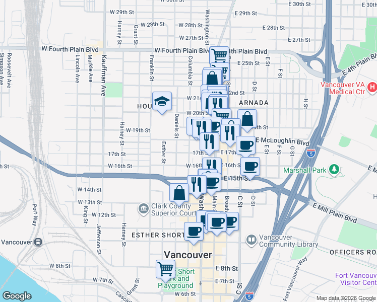 map of restaurants, bars, coffee shops, grocery stores, and more near 1709 Daniels Street in Vancouver