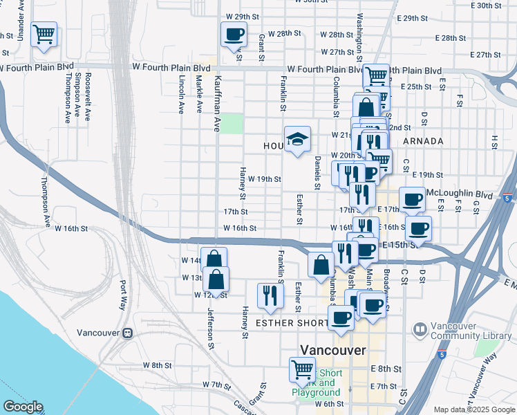 map of restaurants, bars, coffee shops, grocery stores, and more near 711 West McLoughlin Boulevard in Vancouver