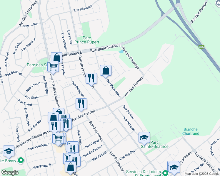 map of restaurants, bars, coffee shops, grocery stores, and more near 870 Rue Palardy in Laval