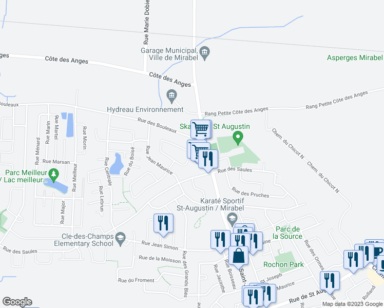 map of restaurants, bars, coffee shops, grocery stores, and more near 14529 Rue du Bosquet in Mirabel