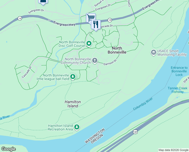 map of restaurants, bars, coffee shops, grocery stores, and more near Island Way in North Bonneville