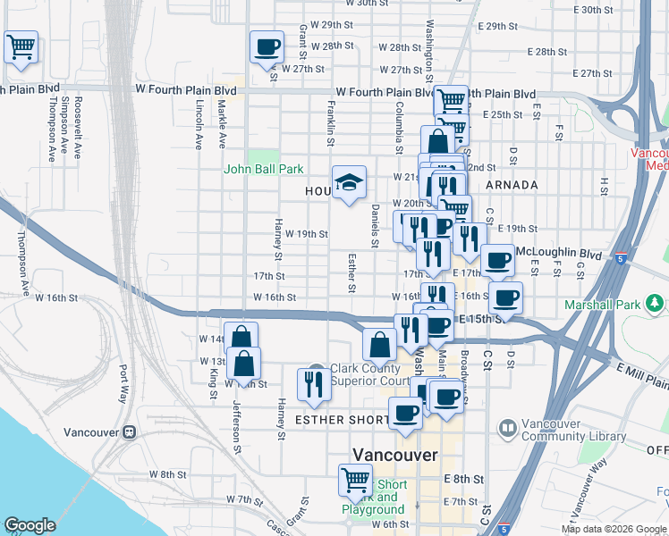 map of restaurants, bars, coffee shops, grocery stores, and more near 605 West McLoughlin Boulevard in Vancouver