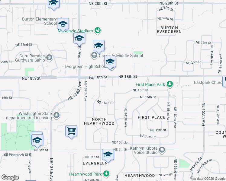 map of restaurants, bars, coffee shops, grocery stores, and more near 14219 Northeast 18th Street in Vancouver