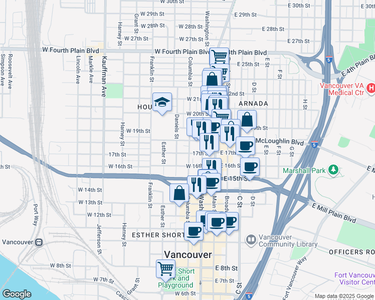 map of restaurants, bars, coffee shops, grocery stores, and more near 1709 Daniels Street in Vancouver