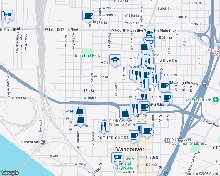 map of restaurants, bars, coffee shops, grocery stores, and more near 605 West McLoughlin Boulevard in Vancouver
