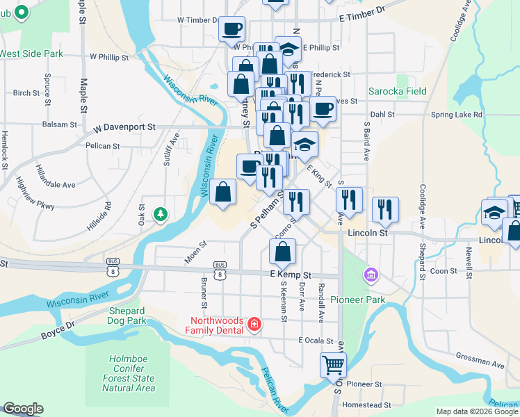 map of restaurants, bars, coffee shops, grocery stores, and more near 416 South Pelham Street in Rhinelander
