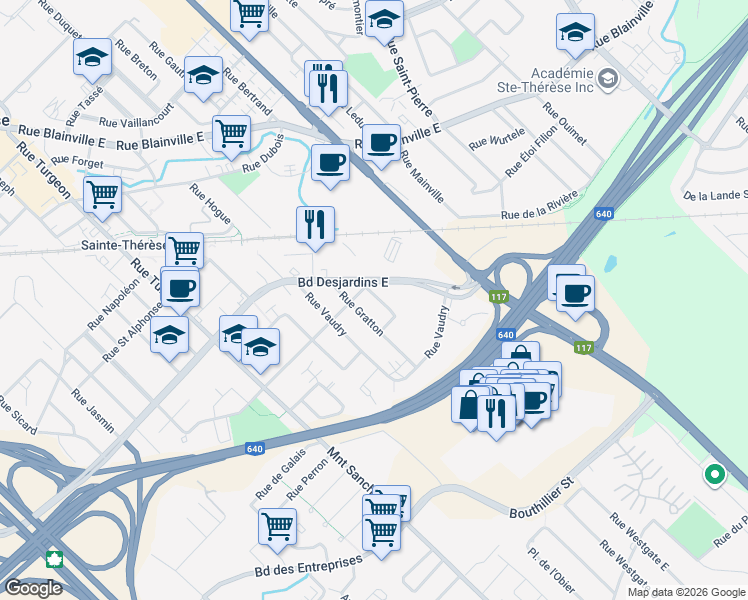 map of restaurants, bars, coffee shops, grocery stores, and more near 39 Rue Joanette in Sainte-Thérèse