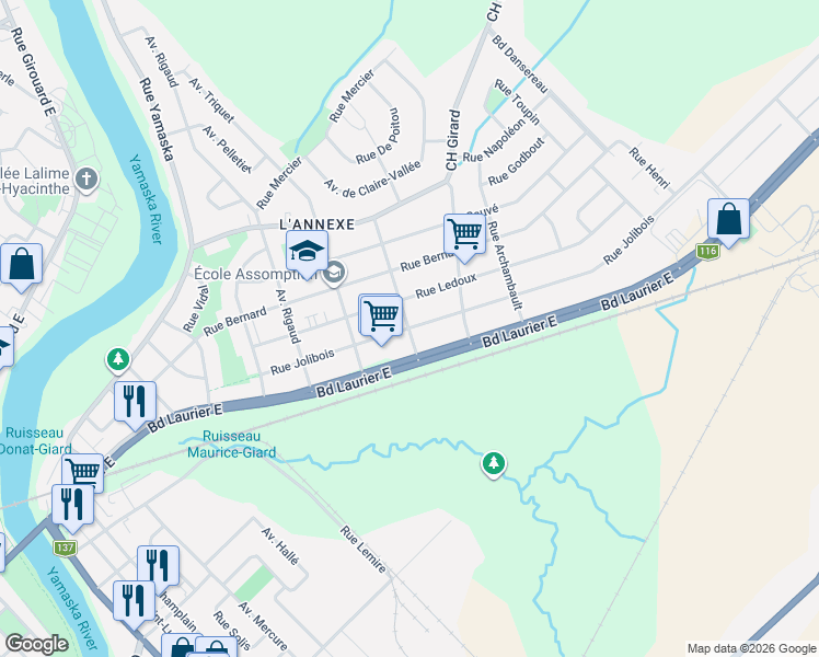 map of restaurants, bars, coffee shops, grocery stores, and more near 2205 Rue Jolibois in Saint-Hyacinthe
