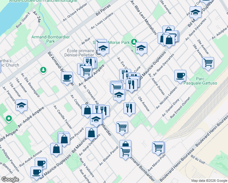 map of restaurants, bars, coffee shops, grocery stores, and more near 8053 Avenue Joliot Curie in Montréal