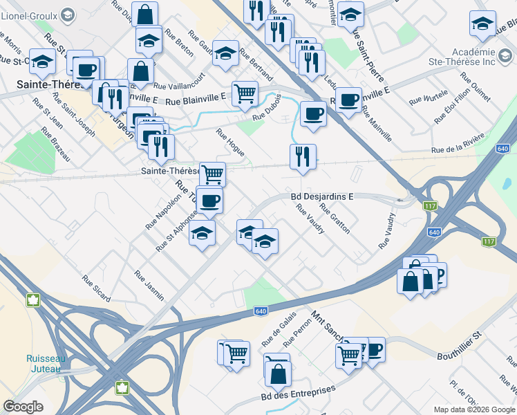 map of restaurants, bars, coffee shops, grocery stores, and more near 45 Boulevard Desjardins Est in Sainte-Thérèse