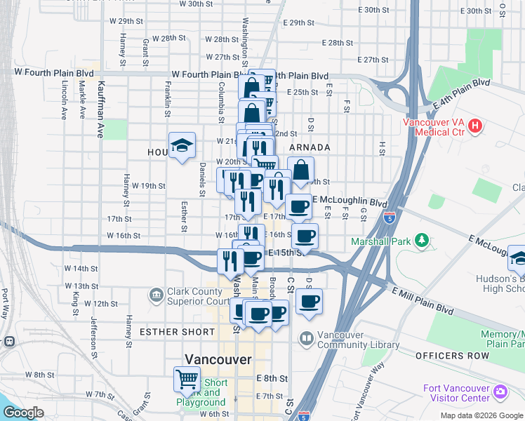 map of restaurants, bars, coffee shops, grocery stores, and more near 1707 Main Street in Vancouver