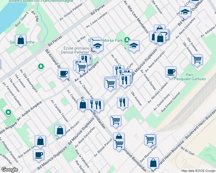 map of restaurants, bars, coffee shops, grocery stores, and more near 8053 Avenue Joliot Curie in Montréal
