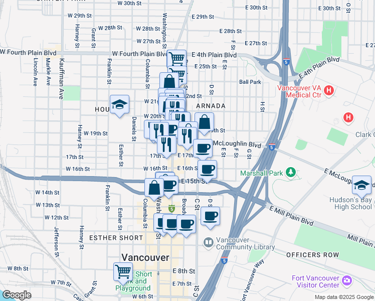 map of restaurants, bars, coffee shops, grocery stores, and more near 122 East 17th Street in Vancouver