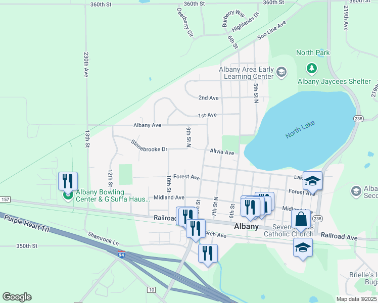 map of restaurants, bars, coffee shops, grocery stores, and more near 900 Stonebrook Drive in Albany