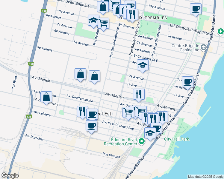map of restaurants, bars, coffee shops, grocery stores, and more near in Montréal-Est