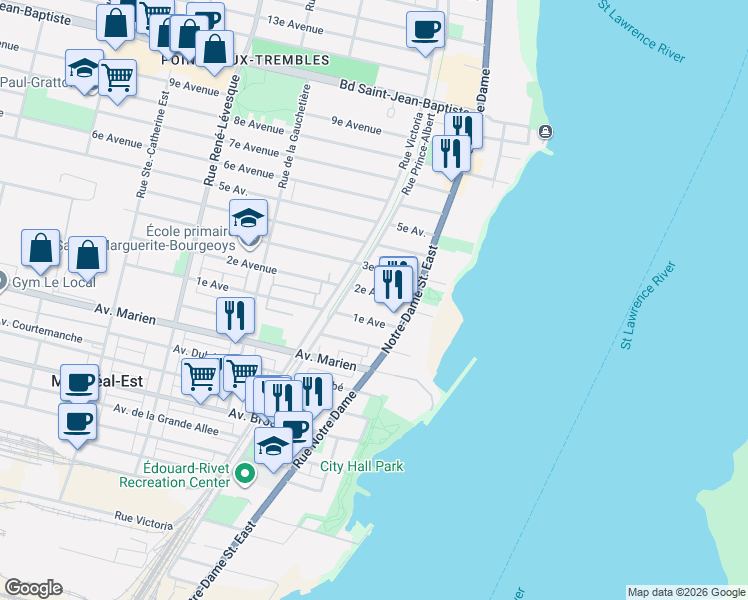 map of restaurants, bars, coffee shops, grocery stores, and more near 564 2e Avenue in Montreal