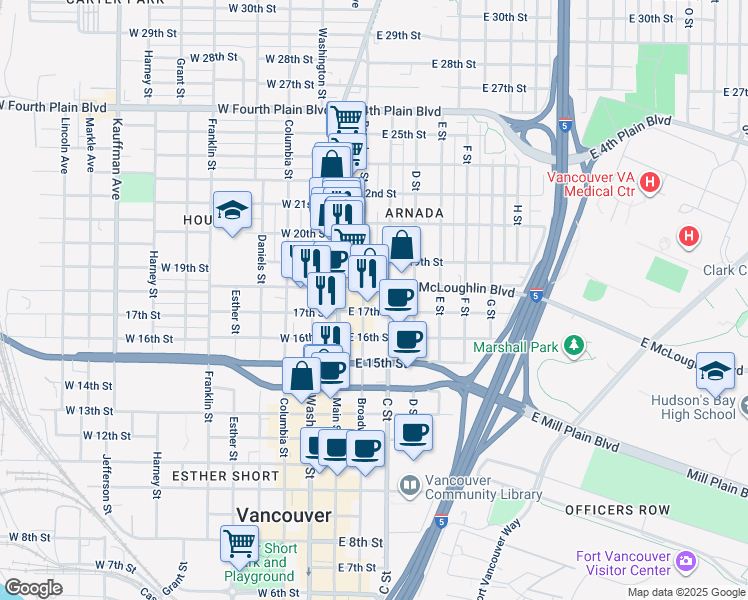map of restaurants, bars, coffee shops, grocery stores, and more near 206 East 17th Street in Vancouver