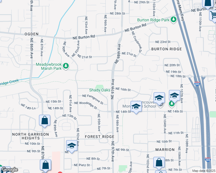 map of restaurants, bars, coffee shops, grocery stores, and more near 9610 Northeast 16th Street in Vancouver
