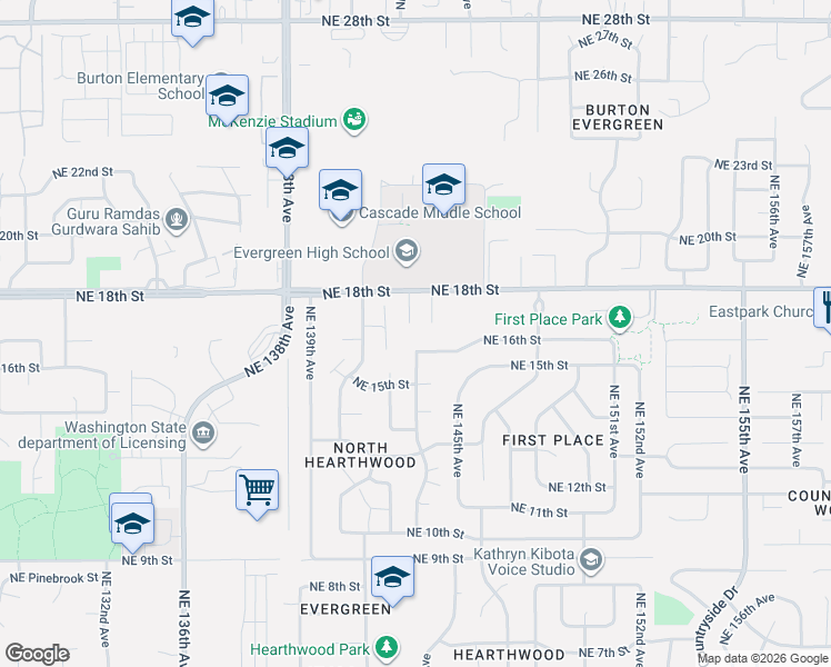 map of restaurants, bars, coffee shops, grocery stores, and more near 14219 Northeast 18th Street in Vancouver