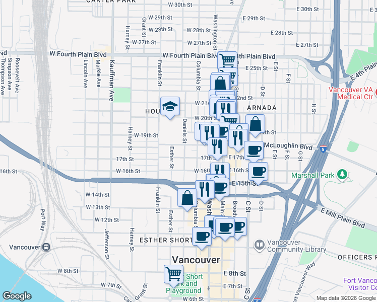 map of restaurants, bars, coffee shops, grocery stores, and more near 1709 Daniels Street in Vancouver
