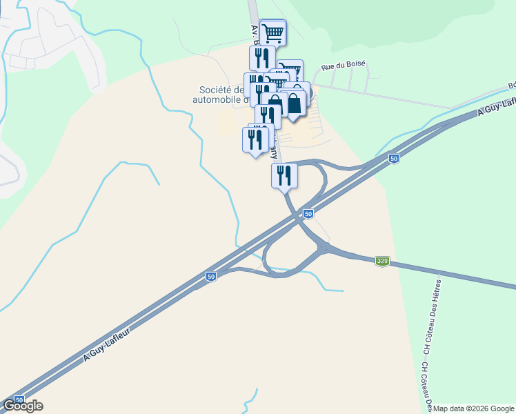 map of restaurants, bars, coffee shops, grocery stores, and more near Avenue Béthany in Lachute