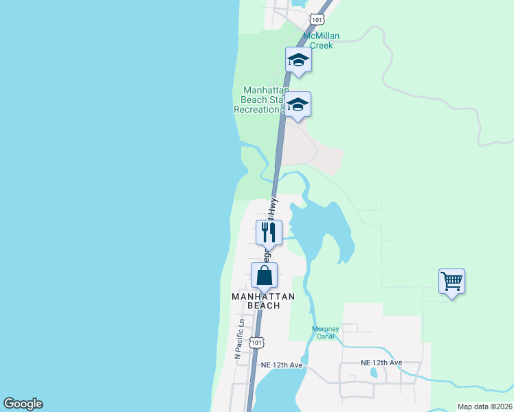 map of restaurants, bars, coffee shops, grocery stores, and more near 105 Northwest 23rd Avenue in Rockaway Beach