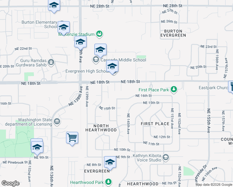 map of restaurants, bars, coffee shops, grocery stores, and more near 14219 Northeast 18th Street in Vancouver