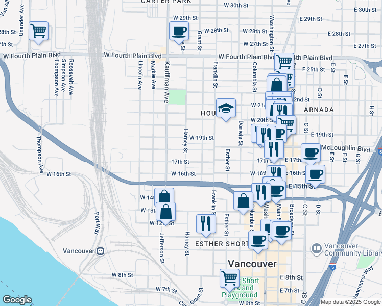 map of restaurants, bars, coffee shops, grocery stores, and more near 711 West McLoughlin Boulevard in Vancouver