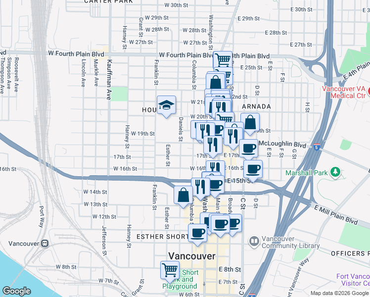 map of restaurants, bars, coffee shops, grocery stores, and more near 1709 Daniels Street in Vancouver