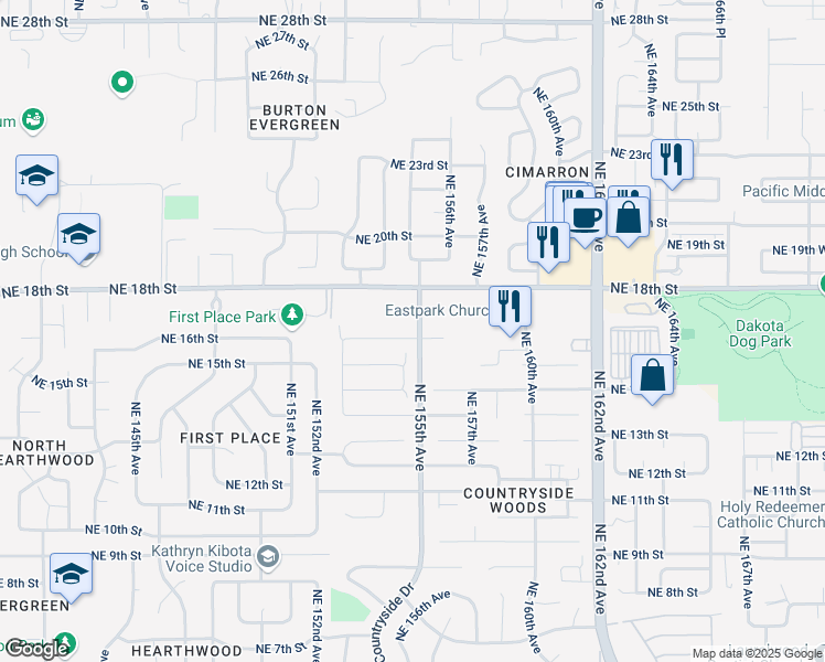 map of restaurants, bars, coffee shops, grocery stores, and more near 17954 Northeast 17th Street in Vancouver