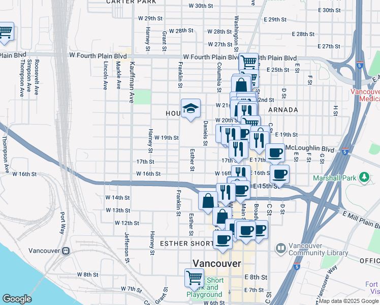 map of restaurants, bars, coffee shops, grocery stores, and more near 1710 Esther Street in Vancouver