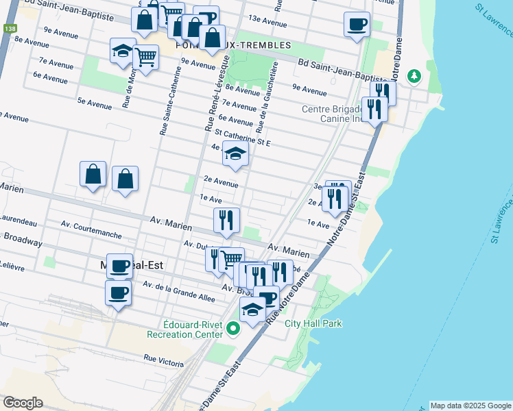 map of restaurants, bars, coffee shops, grocery stores, and more near 795 1e Avenue in Montréal