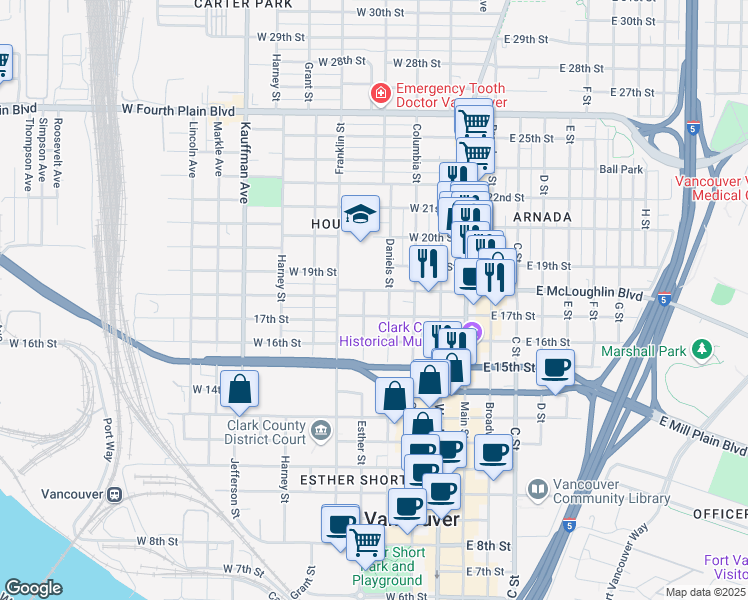 map of restaurants, bars, coffee shops, grocery stores, and more near 1710 Esther Street in Vancouver