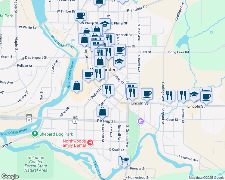 map of restaurants, bars, coffee shops, grocery stores, and more near 106 East Anderson Street in Rhinelander