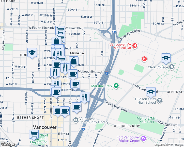 map of restaurants, bars, coffee shops, grocery stores, and more near 605 E McLoughlin Blvd in Vancouver