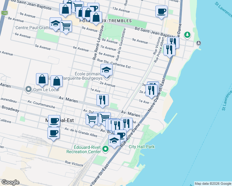 map of restaurants, bars, coffee shops, grocery stores, and more near 795 1re Avenue in Montréal