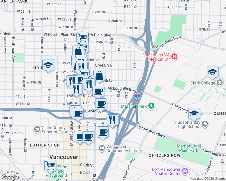 map of restaurants, bars, coffee shops, grocery stores, and more near 501 East McLoughlin Boulevard in Vancouver