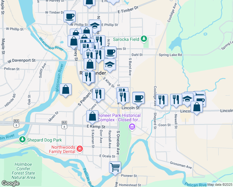 map of restaurants, bars, coffee shops, grocery stores, and more near 304 South Oneida Avenue in Rhinelander