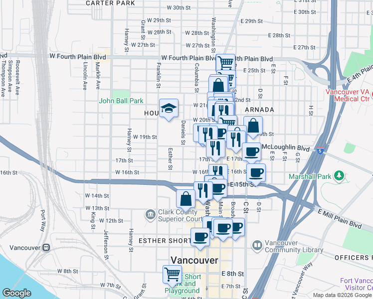 map of restaurants, bars, coffee shops, grocery stores, and more near 1709 Daniels Street in Vancouver