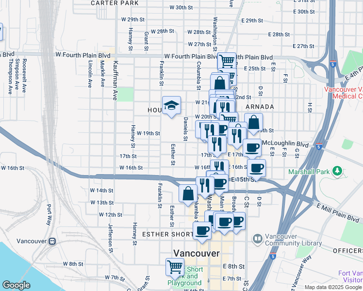 map of restaurants, bars, coffee shops, grocery stores, and more near 403 West McLoughlin Boulevard in Vancouver