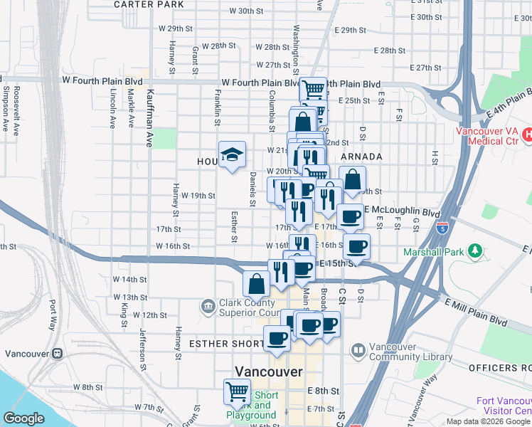 map of restaurants, bars, coffee shops, grocery stores, and more near 1788 Columbia Street in Vancouver
