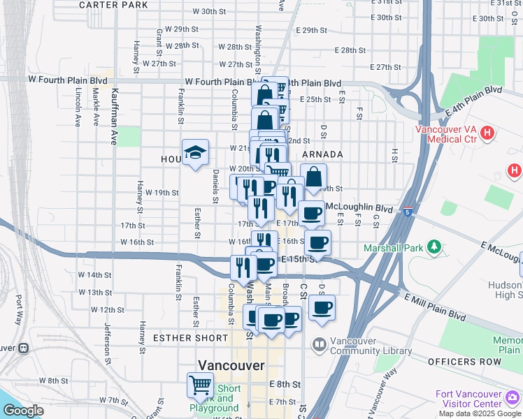 map of restaurants, bars, coffee shops, grocery stores, and more near 1700 Main Street in Vancouver