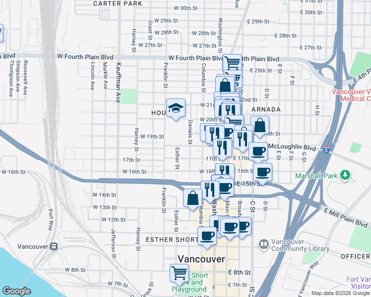 map of restaurants, bars, coffee shops, grocery stores, and more near 403 West McLoughlin Boulevard in Vancouver