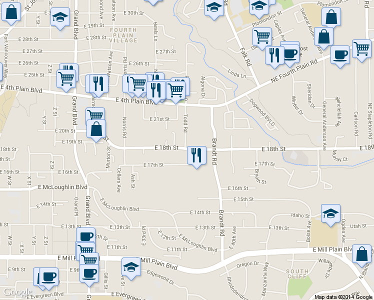 map of restaurants, bars, coffee shops, grocery stores, and more near 3607 East 18th Street in Vancouver