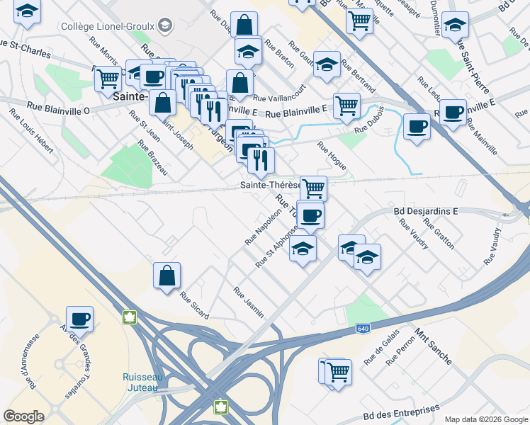 map of restaurants, bars, coffee shops, grocery stores, and more near 12 Rue Napoléon in Sainte-Thérèse