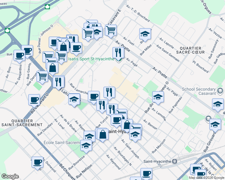 map of restaurants, bars, coffee shops, grocery stores, and more near 1100 Rue Blanchet in Saint-Hyacinthe