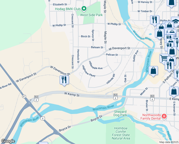 map of restaurants, bars, coffee shops, grocery stores, and more near 410 Highview Parkway in Rhinelander