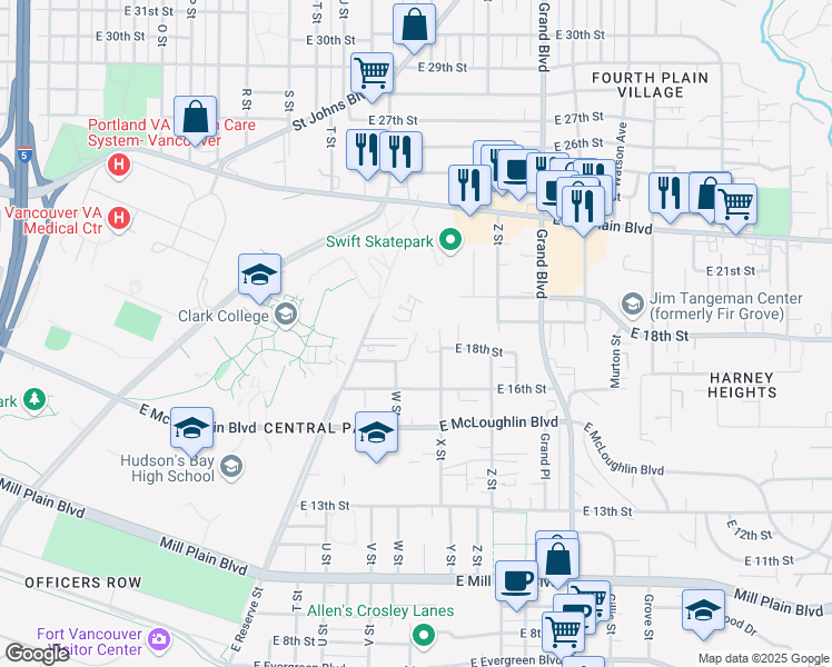 map of restaurants, bars, coffee shops, grocery stores, and more near W Street in Vancouver
