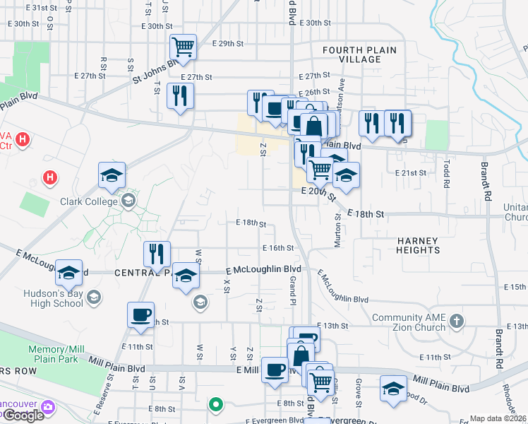 map of restaurants, bars, coffee shops, grocery stores, and more near Z Street in Vancouver