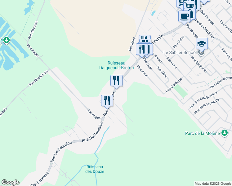 map of restaurants, bars, coffee shops, grocery stores, and more near 125 Rue Principale in Saint-Amable